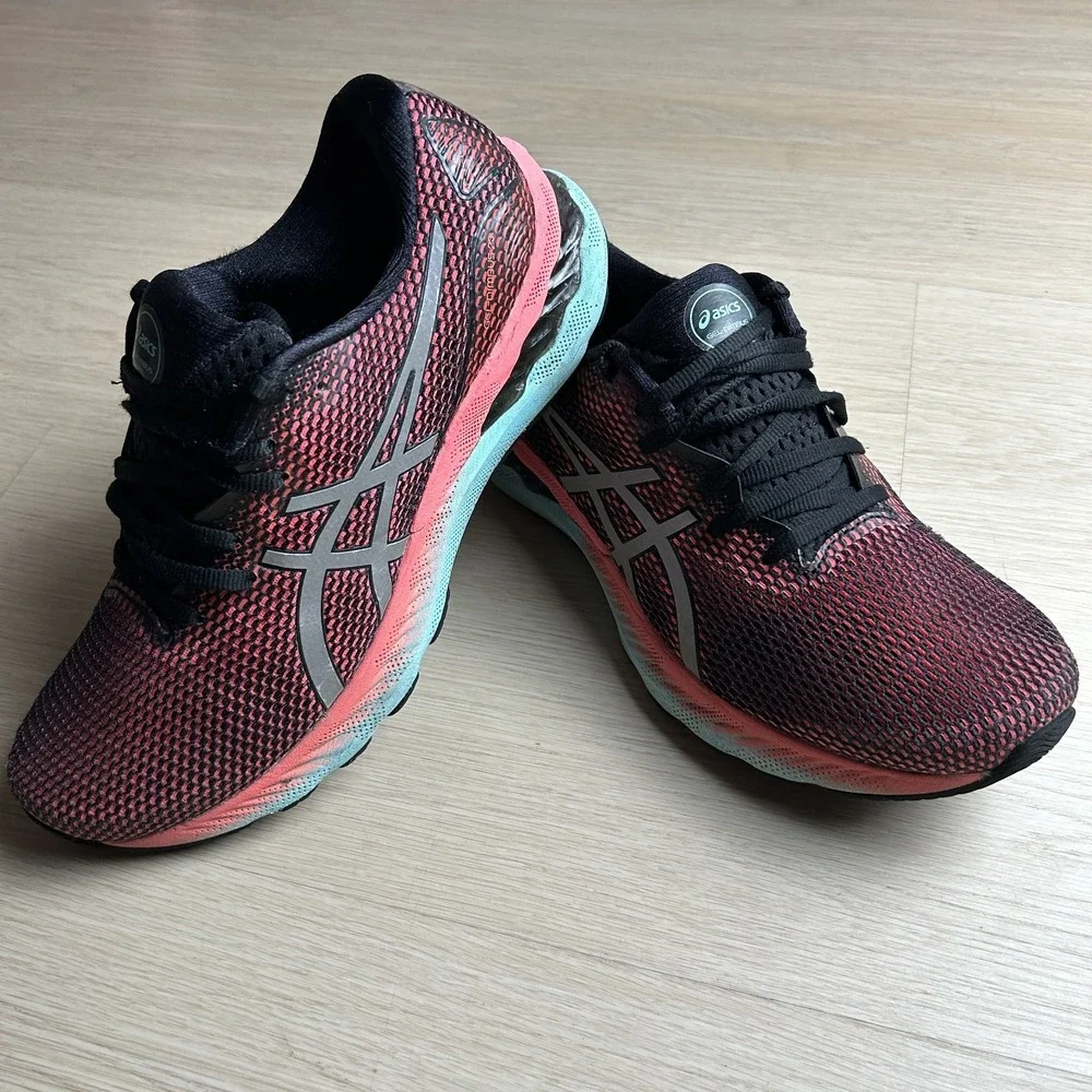 ASICS GEL Nimbus 23 Womens Size 9.5 Running Shoes Pink Teal Black 1012B151